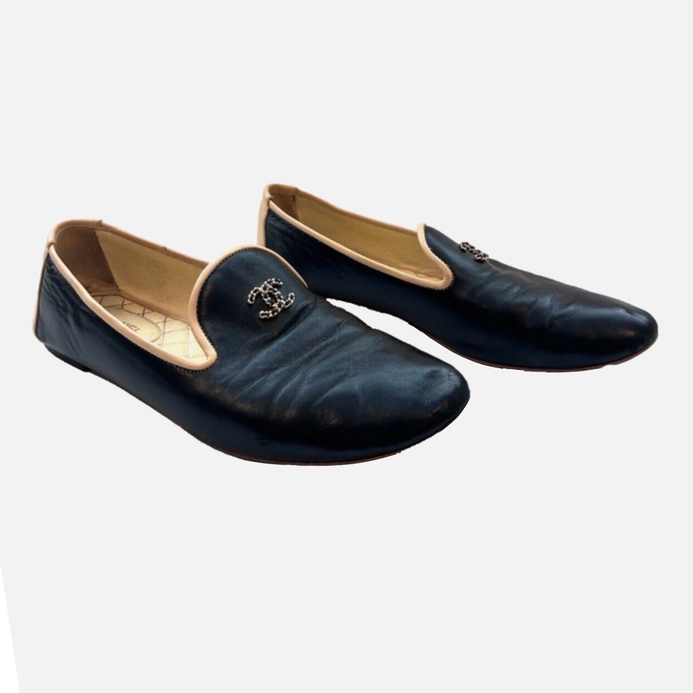 Chanel Black Leather CC Loafer Flats